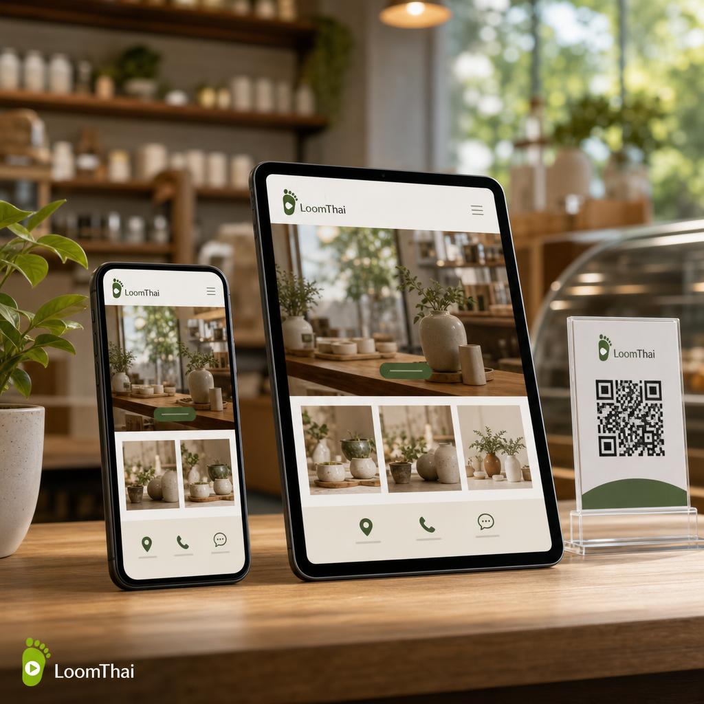 LiteSite PWA website on phone and tablet in a Thai cafe setting