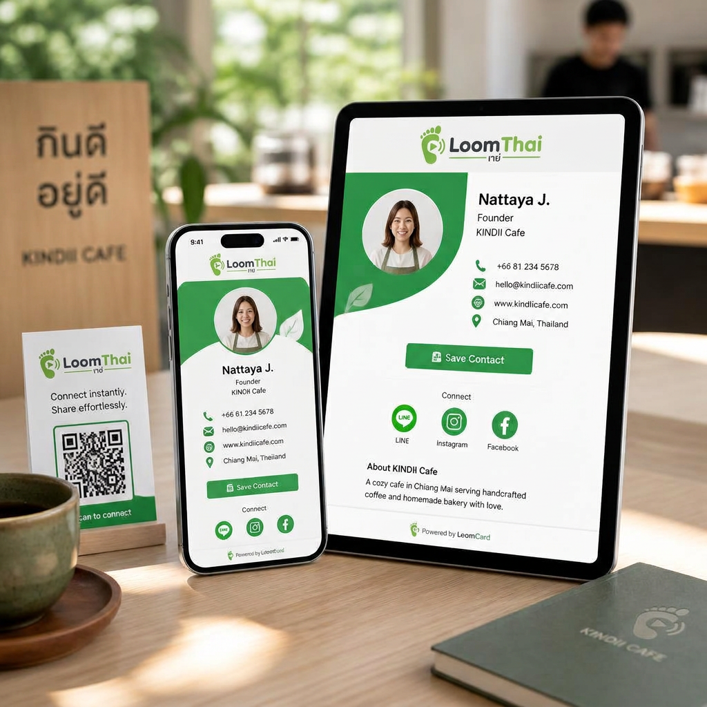 LoomCard digital business card on phone and tablet in a Thai cafe setting