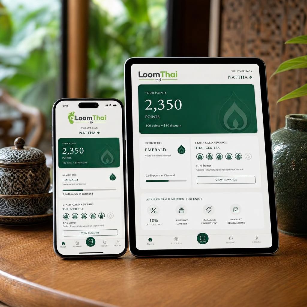 LoomLoyalty loyalty interface on phone and tablet in a Thai cafe setting
