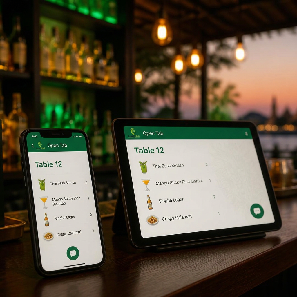 LoomTab interface on phone and tablet in a Thai bar setting