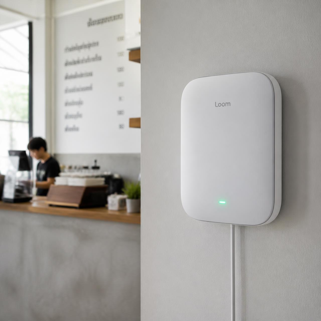 Proposed LoomWiFi hub — a wall-mounted smart gateway in a Thai cafe