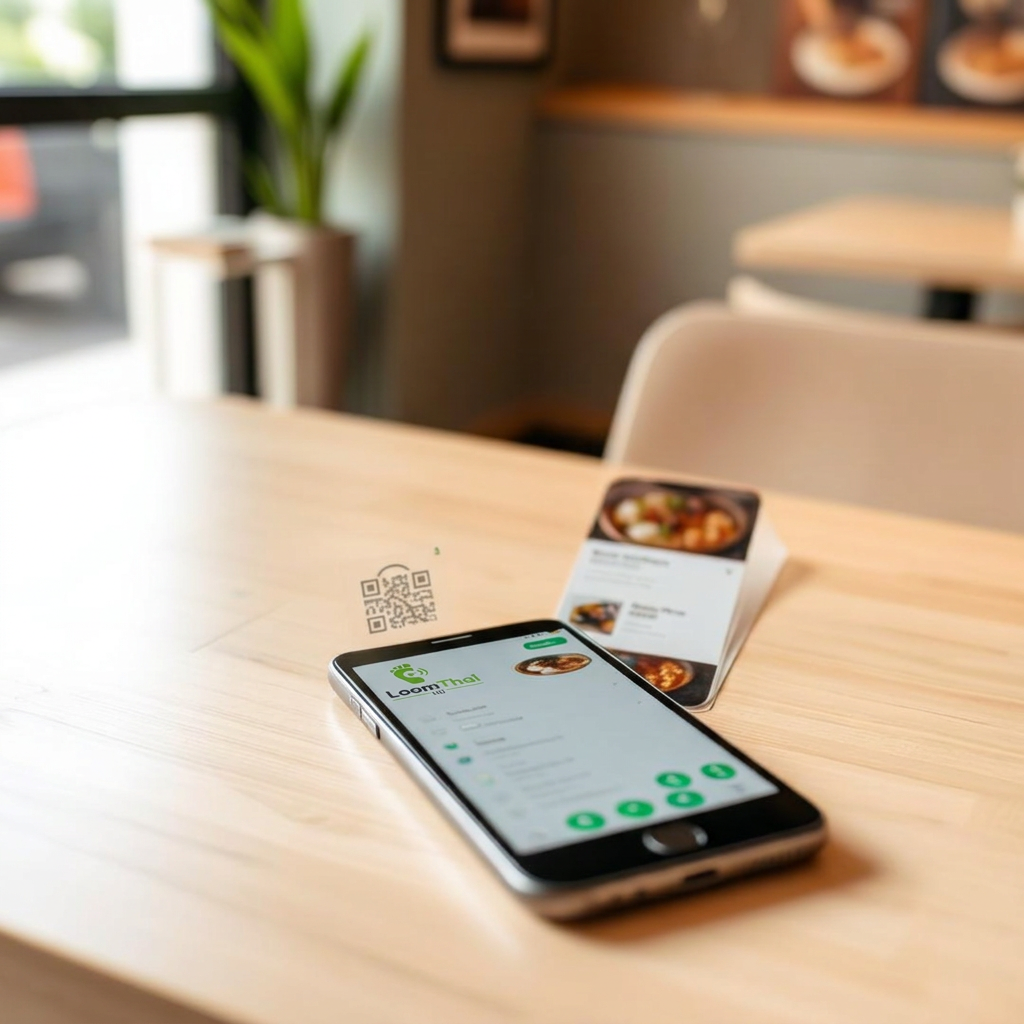 SmartMenu QR menu and ordering interface on phone and tablet in a Thai restaurant setting