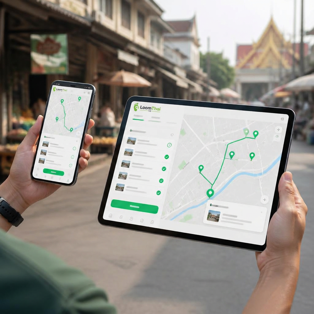 TeamLoom field sales interface on phone and tablet in a Thai market setting